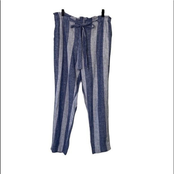 Beachlunchlounge Giavanna Stripe Linen Paper-Bag Tie Waist Pant Pull On Coastal - Picture 1 of 16